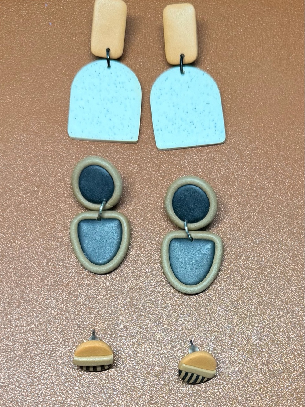 Set of 3 Handmade Polymer Clay Earrings – Lightweight Neutral Statement Earrings